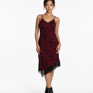 ENT Entrancy Y2K Black Red Rose Print Asymmetrical Sheer Trim Hem Women L Dress